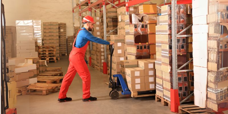 how much does a pallet jack weigh (1) A warehouseman uses a pallet jack in the warehouse.